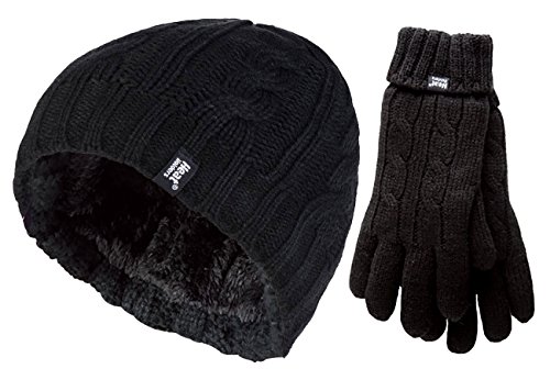 HEAT HOLDERS - Damen Mütze und Handschuh-Set für Winter | Extra Warm Beanie und Mütze mit Fleece Gefüttert (M-L, Schwarz) von HEAT HOLDERS