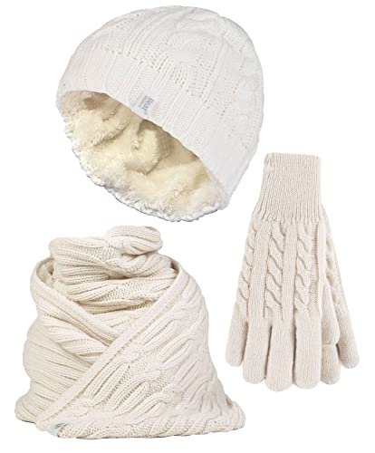 HEAT HOLDERS Damen Mutze Schal Handschuhe Set Fleece Strickmütze Winterschal Thermo Handschuhe Set (L-XL, Creme) von HEAT HOLDERS