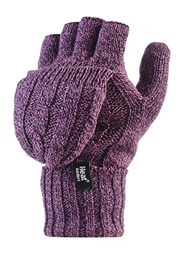 HEAT HOLDERS - Damen Thermo Fingerlose Handschuhe mit Fäustlinge Kappe | Winter Handschuhe mit Plüsch Fleecefutter (Einheitsgröße, Violett) von HEAT HOLDERS