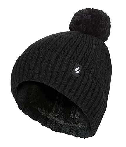HEAT HOLDERS Damen Thermo Mütze mit Zopfmuster Winter Gestrickt Bommelmütze | Weiche Gerippte Mütze mit Pom Pom (Einheitsgröße, Schwarz) von HEAT HOLDERS