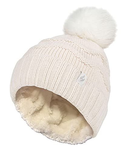 HEAT HOLDERS Damen-Winter-Pelz-Mütze Zickzack gemusterte Bommelmütze | Bommelmütze mit Thermomanschette für Damen (Einheitsgröße, Creme) von HEAT HOLDERS