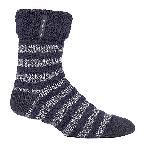 HEAT HOLDERS - Herren Flauschig Innenfell Uni und Gestreift Bettsocken/Kuschelsocken für Zuhause (Kohlestreifen (Olwen), 39-45 EU) von HEAT HOLDERS