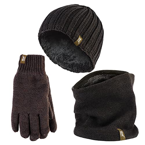 HEAT HOLDERS Herren Halswärmer Mütze Handschuhe Set Winddicht Warm Gestrickt Fleece Thermo Winter Set (L-XL, Khaki Green) von HEAT HOLDERS