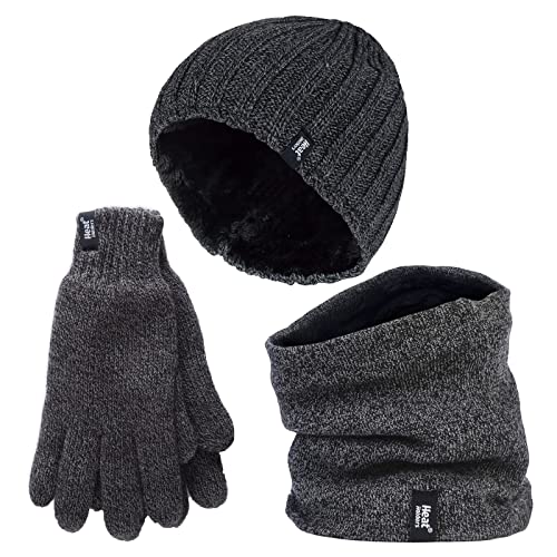 HEAT HOLDERS Herren Halswärmer Mütze Handschuhe Set Winddicht Warm Gestrickt Fleece Thermo Winter Set (M-L, Grau) von HEAT HOLDERS
