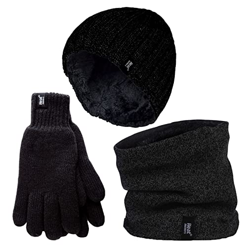 HEAT HOLDERS Herren Halswärmer Mütze Handschuhe Set Winddicht Warm Gestrickt Fleece Thermo Winter Set (M-L, Schwarz) von HEAT HOLDERS