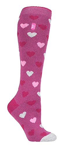 HEAT HOLDERS Lite - Damen 1.6 TOG Winter Warme Gestreift Extra Lang Leicht Dünn Kniestrümpfe Thermo Socken (37-42, Rosa Herz) von HEAT HOLDERS