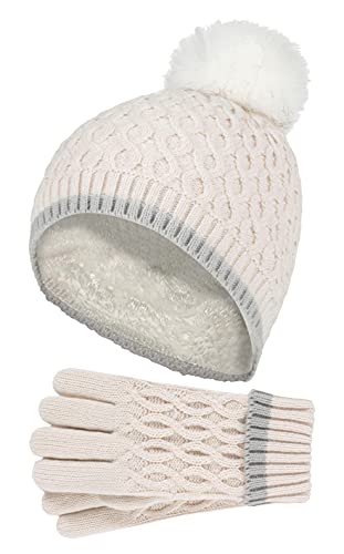 HEAT HOLDERS - Mädchen Kinder StrickMütze Bommel Pompom und Strickhandschuhe Set (7-10 Jahre, Butter) von HEAT HOLDERS