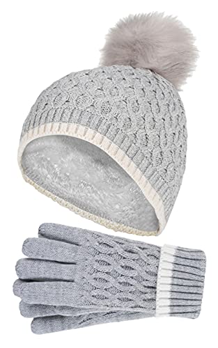 HEAT HOLDERS - Mädchen Kinder StrickMütze Bommel Pompom und Strickhandschuhe Set (7-10 Jahre, Cloud Grey) von HEAT HOLDERS