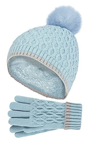 HEAT HOLDERS - Mädchen Kinder StrickMütze Bommel Pompom und Strickhandschuhe Set (7-10 Jahre, al Blau) von HEAT HOLDERS