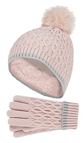 HEAT HOLDERS - Mädchen Kinder StrickMütze Bommel Pompom und Strickhandschuhe Set (7-10 Jahre, Altrosa) von HEAT HOLDERS