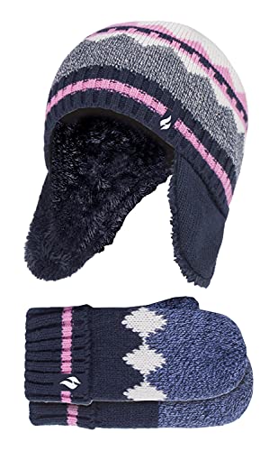 HEAT HOLDERS - Mädchen Schneeflocke Muster Mütze mit Pom Pom und Ohrenschutz und Fäustlinge (3-6 Jahre, Marine) von HEAT HOLDERS
