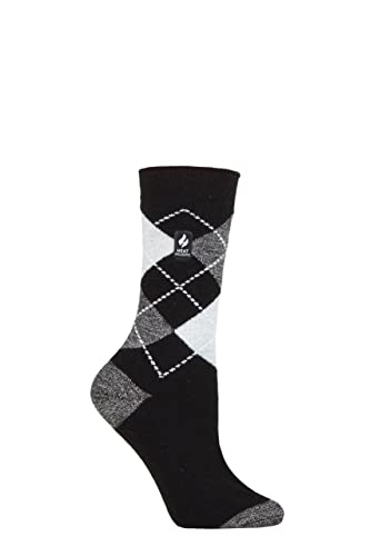 HEAT HOLDERS SOCKSHOP Damen 1.0 TOG Ultralite Streifend, Argyle & Gemustert Socken Packung 1 (DE/NL/SE/PL, Numerisch, 37, 42, Regular, Regular, Valletta Argyle Schwarz/Grau) von HEAT HOLDERS