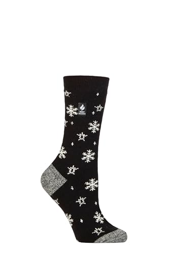 HEAT HOLDERS SOCKSHOP Damen 1.0 TOG Ultralite Streifend, Argyle & Gemustert Socken Packung 1 (DE/NL/SE/PL, Numerisch, 37, 42, Regular, Regular, Petafield Schneeflocke Schwarz) von HEAT HOLDERS