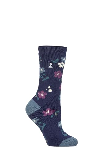 HEAT HOLDERS SOCKSHOP Damen 1.6 TOG Lite Gemustert und gestreift Thermische Socken Packung 1 (DE/NL/SE/PL, Numerisch, 37, 42, Regular, Regular, Lanuza Florales weiches Marineblau) von HEAT HOLDERS