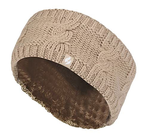 Heat Holders - Damen-Stirnband mit dickem Zopfmuster, Fleece-gefüttert, für den Winter, leer, Totenkopf, Ohrenwärmer (Einheitsgröße, Beige) von HEAT HOLDERS