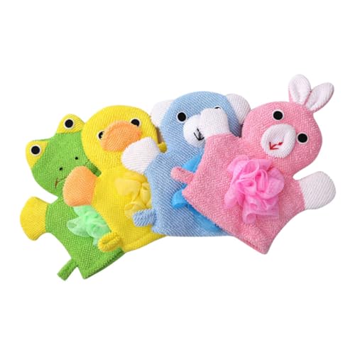 HEATSHAKING 4 Stück Bad Handschuhe Cartoon Stil Sanfte Körperreinigungshandschuhe für Junge Mädchen Exfolierende Waschlappen Gelb Ente Grün Frosch Hase und Blau Bär von HEATSHAKING