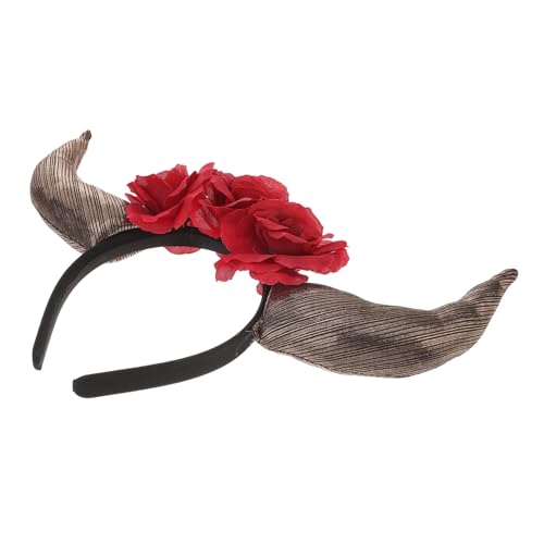 HEATSHAKING Rotes Day Of The Dead Horn Haarreif mit Rosenblüten Festival Kopfschmuck für Damen Cosplay Party Stirnband mit Bequemen Stoffelementen für Kostüm Themenanlässe von HEATSHAKING