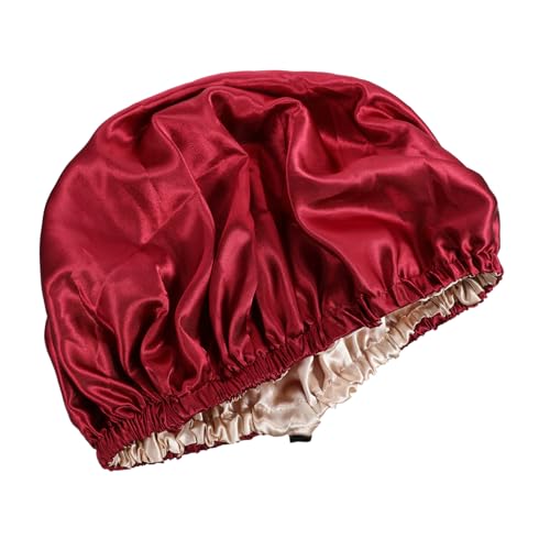 HEATSHAKING Verstellbare Satin Schlafhaube für Damen mit Elastischem Doppellagig Atmungsaktiv Feuchtigkeitsspendend für Lockiges Langes und Kurzes Haar Schützend bei Haarausfall Weinrot von HEATSHAKING