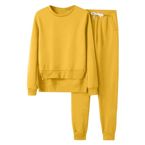 HEAU Sonojie Damen Jogginganzüge Trainingsanzüge Sets Loses, einfarbiges Oberteil für Damen in Übergröße mit langen Ärmeln, mit Fleece gefütterter Freizeitanzug (Yellow, XL) von HEAU