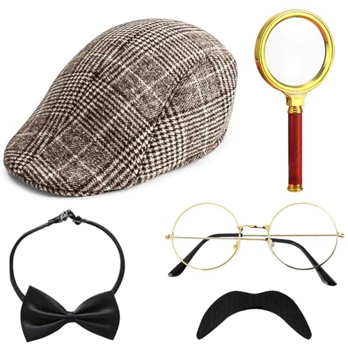 5 Stück Detektiv Kostüm Zubehör Set, Sherlock Holmes Kostüm Accessoires mit Detektiv Hut Brille Falscher Schnurrbart Lupe Fliege Detektiv Cosplay Requisiten für Fasching Karneval Cosplay Party von HEAWAA