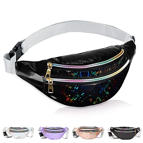 Bauchtasche Damen Metallic, wasserdichte Bauchtasche Mode mit Reflektierender Verstellbarer, Hüfttasche Mädchen für Frauen und Männer Party Festival Sport Outdoor Reisen Schwarz von HEAWAA