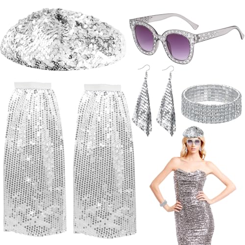 HEAWAA 5 Stück 70er Jahre Disco Accessoires, 80er Jahre Disco Kostüm Zubehör mit Pailletten Stulpen Glitzer Glitzer Baskenmütze Ohrringe Sonnenbrille Armband für Damen Fasching Party Karneval von HEAWAA