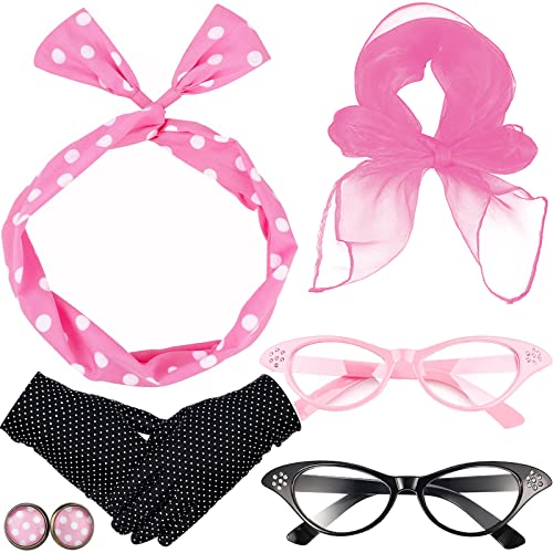 HEAWAA 50er Jahre Kostüm Accessoires, 6 Stück 60er Jahre Damen Zubehör Set mit Chiffon Schal Polka Dot Kopftuch Handschuhe Cat Eye Brille und Ohrringe für Vintage Party Karneval von HEAWAA