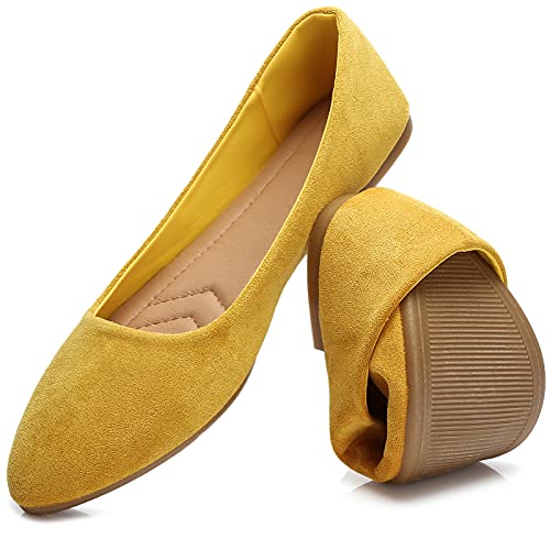 HEAWISH Damen Schwarz Flache Schuhe Bequeme Wildleder Spitzer Zehenbereich Slip On Casual Ballerinas Kleid Schuhe Nude Flats, gelb, 38 EU von HEAWISH