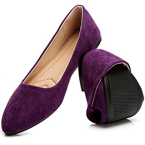 HEAWISH Damen Schwarz Flache Schuhe Bequeme Wildleder Spitzer Zehenbereich Slip On Casual Ballerinas Kleid Schuhe Nude Flats, violett, 37 EU von HEAWISH