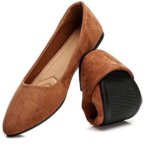 HEAWISH Damen Schwarze flache Schuhe Bequeme Wildleder Spitze Zehen Slip On Casual Ballerinas Kleid Schuhe Nude Flats, hautfarben, 42 EU von HEAWISH