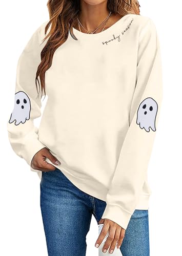 HEBBE Spooky Season Sweatshirts Halloween Ghost Sweatshirt Damen – Halloween-Grafik Rundhalsausschnitt Tops Casual Sweater, A_apricot, L von HEBBE