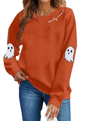HEBBE Spooky Season Sweatshirts Halloween Ghost Sweatshirt Damen – Halloween-Grafik Rundhalsausschnitt Tops Casual Sweater, A_Orange, XL von HEBBE