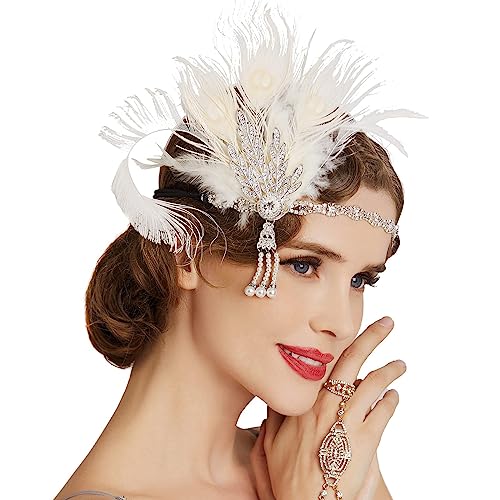 Mode Pfauenfeder Stirnband Mädchen Kopfschmuck mit Strass Quaste Vintage Party Fotografie Haarschmuck Damen Geschenke Federn Stirnband (Color : Ivory) von HEBBES