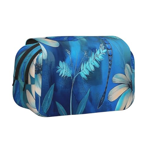HEBSDFG Doppelschichtiges Flip-Top-Federmäppchen, Glocken-Orchideen-Druck, Stiftebox, Schreibwaren-Tasche, Organizer für Schulbedarf, Reisen und Make-up-Aufbewahrung, Kunst blaue Libelle von HEBSDFG