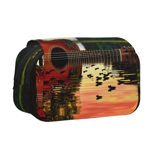 HEBSDFG Doppelschichtiges Flip-Top-Federmäppchen, Kieselstein-Druck, Federmäppchen, Schreibwaren-Tasche, Organizer für Schulbedarf, Reisen und Make-up-Aufbewahrung, Lake Guitar Reflection von HEBSDFG