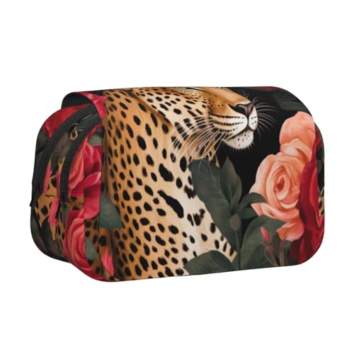 HEBSDFG Doppelschichtiges Flip-Top-Federmäppchen, Lotusblumen, Bambus-Druck, Stiftebox, Schreibwaren-Tasche, Organizer für Schulbedarf, Reisen und Make-up-Aufbewahrung, Leopard und Rosen HEBSDFG Doppelschichtiges Flip-Top-Federmäppchen, Lotusblumen, Bambus-Druck, Stiftebox, Schreibwaren-Tasche, Organizer für Schulbedarf, Reisen und Make-up-Aufbewahrung, Leopard und Rosen von HEBSDFG
