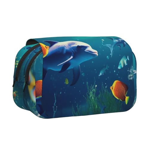 HEBSDFG Doppelschichtiges Flip-Top-Federmäppchen, Motiv: amerikanische Flagge, Schreibwaren-Tasche, Organizer für Schulbedarf, Reisen und Make-up, Unterwasserfische, Einheitsgröße, Schulranzen von HEBSDFG