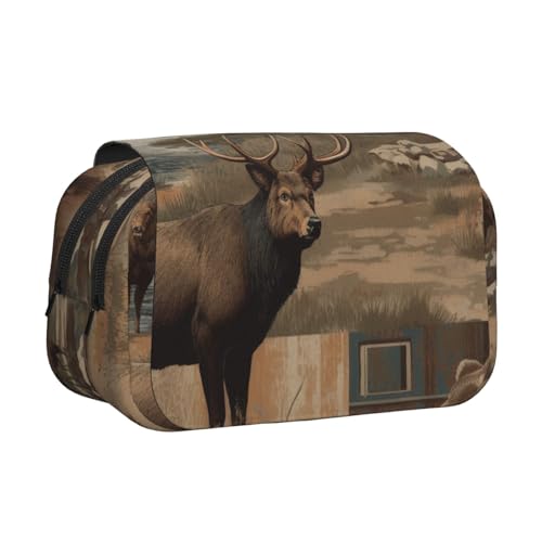 HEBSDFG Doppelschichtiges Flip-Top-Federmäppchen, Pfingstrosen-Kunstdruck, Federmäppchen, Schreibwaren-Tasche, Organizer für Schulbedarf, Reisen und Make-up-Aufbewahrung, Bauernhofbär, Hirsch von HEBSDFG