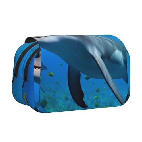 HEBSDFG Doppelschichtiges Flip-Top-Federmäppchen, Pfingstrosen-Kunstdruck, Federmäppchen, Schreibwaren-Tasche, Organizer für Schulbedarf, Reisen und Make-up-Aufbewahrung, Delphin Looking at You von HEBSDFG