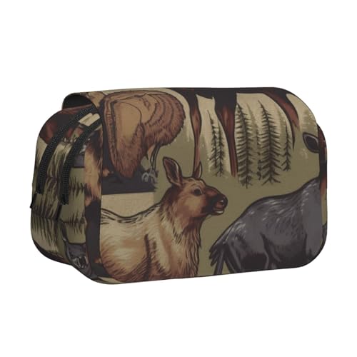 HEBSDFG Doppelschichtiges Flip-Top-Federmäppchen, Pfingstrosen-Kunstdruck, Federmäppchen, Schreibwaren-Tasche, Organizer für Schulbedarf, Reisen und Make-up-Aufbewahrung, Elch Bär Hirsch von HEBSDFG