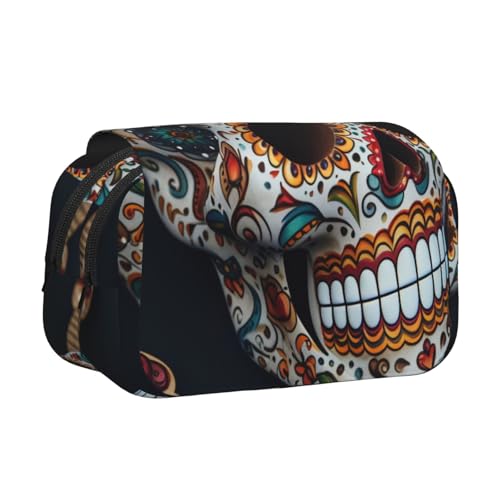 HEBSDFG Doppelschichtiges Flip-Top-Federmäppchen, Pfingstrosen-Kunstdruck, Federmäppchen, Schreibwaren-Tasche, Organizer für Schulbedarf, Reisen und Make-up-Aufbewahrung, Mexikanischer Schädel von HEBSDFG