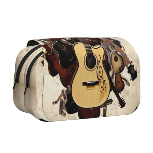 HEBSDFG Doppelschichtiges Flip-Top-Federmäppchen, Pfingstrosen-Kunstdruck, Federmäppchen, Schreibwaren-Tasche, Organizer für Schulbedarf, Reisen und Make-up-Aufbewahrung, Musikgitarre, Einheitsgröße von HEBSDFG