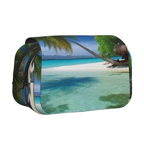 HEBSDFG Doppelschichtiges Flip-Top-Federmäppchen, Pfingstrosen-Kunstdruck, Federmäppchen, Schreibwaren-Tasche, Organizer für Schulbedarf, Reisen und Make-up-Aufbewahrung, Palmen und klares Meer von HEBSDFG