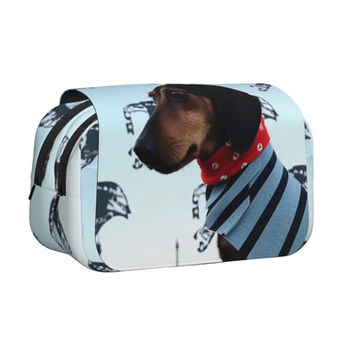 HEBSDFG Doppelschichtiges Flip-Top-Federmäppchen, Pfingstrosen-Kunstdruck, Federmäppchen, Schreibwaren-Tasche, Organizer für Schulbedarf, Reisen und Make-up-Aufbewahrung, Pariser Dackel, Einheitsgröße von HEBSDFG