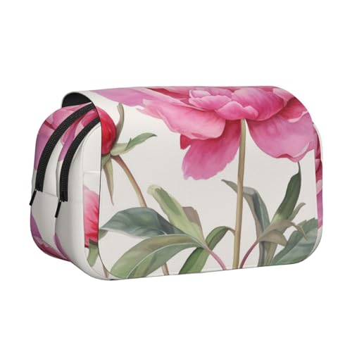 HEBSDFG Doppelschichtiges Flip-Top-Federmäppchen, Pfingstrosen-Kunstdruck, Federmäppchen, Schreibwaren-Tasche, Organizer für Schulbedarf, Reisen und Make-up-Aufbewahrung, Pfingstrosen-Kunst von HEBSDFG