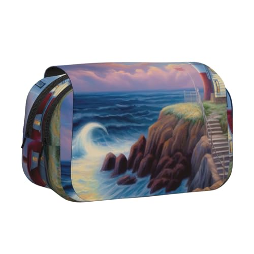 HEBSDFG Doppelschichtiges Flip-Top-Federmäppchen, Pfingstrosen-Kunstdruck, Federmäppchen, Schreibwaren-Tasche, Organizer für Schulbedarf, Reisen und Make-up-Aufbewahrung, Strassgemälde am Meer von HEBSDFG