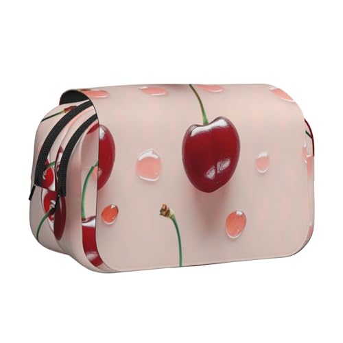 HEBSDFG Doppelschichtiges Flip-Top-Federmäppchen, Pfingstrosen-Kunstdruck, Federmäppchen, Schreibwaren-Tasche, Organizer für Schulbedarf, Reisen und Make-up-Aufbewahrung, Süße rote Kirsche von HEBSDFG