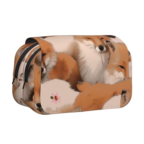 HEBSDFG Doppelschichtiges Flip-Top-Federmäppchen, Pfingstrosen-Kunstdruck, Federmäppchen, Schreibwaren-Tasche, Organizer für Schulbedarf, Reisen und Make-up-Aufbewahrung, Viele Füchse, Einheitsgröße von HEBSDFG