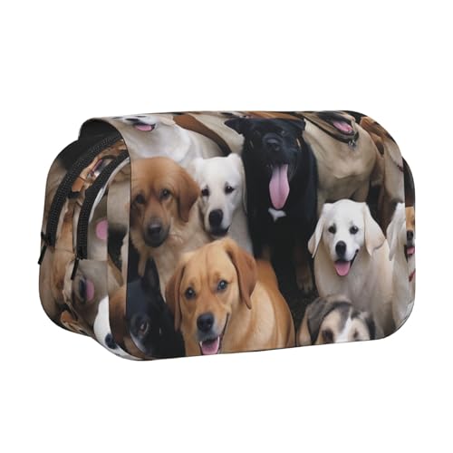 HEBSDFG Doppelschichtiges Flip-Top-Federmäppchen, Pfingstrosen-Kunstdruck, Federmäppchen, Schreibwaren-Tasche, Organizer für Schulbedarf, Reisen und Make-up-Aufbewahrung, Viele Hunde, Einheitsgröße von HEBSDFG