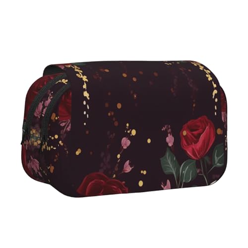 HEBSDFG Doppelschichtiges Flip-Top-Federmäppchen, Weihnachtsmann-Druck, Federmäppchen, Schreibwaren-Tasche, Organizer für Schulbedarf, Reisen und Make-up, Rose, Blumenmuster, Einheitsgröße von HEBSDFG